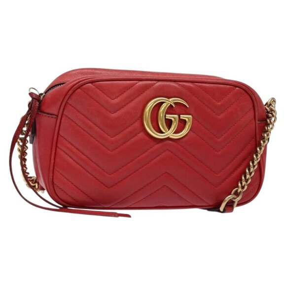 GUCCI GG Marmont Shoulder Bag Leather Red Gold 447632 Auth sw1251 - Picture 1 of 16